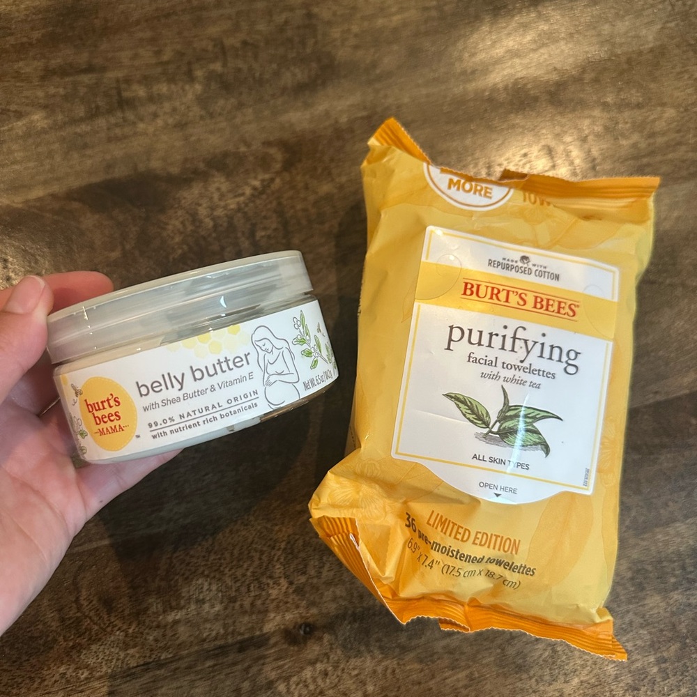 Burt's Bee belly butter and purifying towelettes